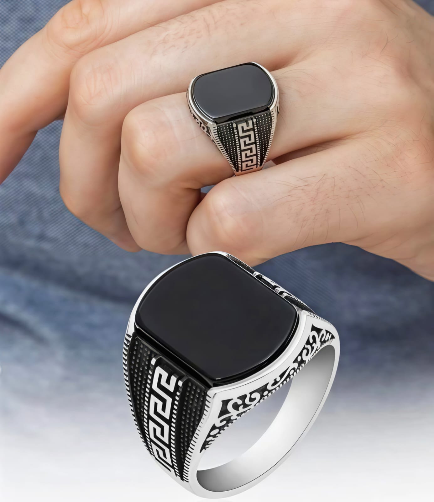 Black Onyx Greek Key Ring